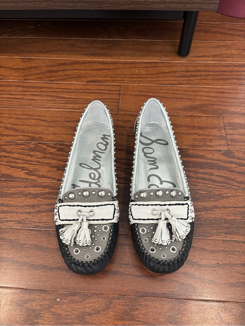 Sam Edelman Aurora Leather Studded Tassel Moccasin Flats in Black and Silver